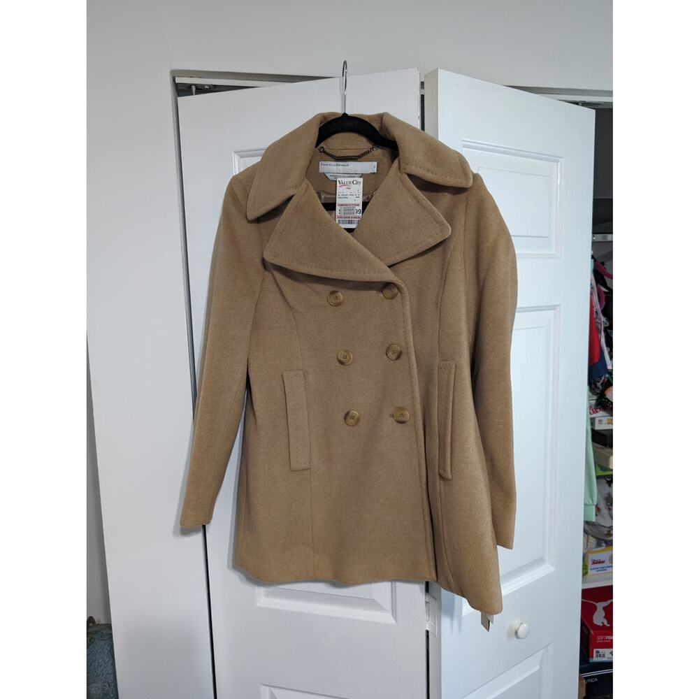 Perry Ellis Portfolio Women Beige Camel Hair Double Breasted Pea Coat Size 8 NWT